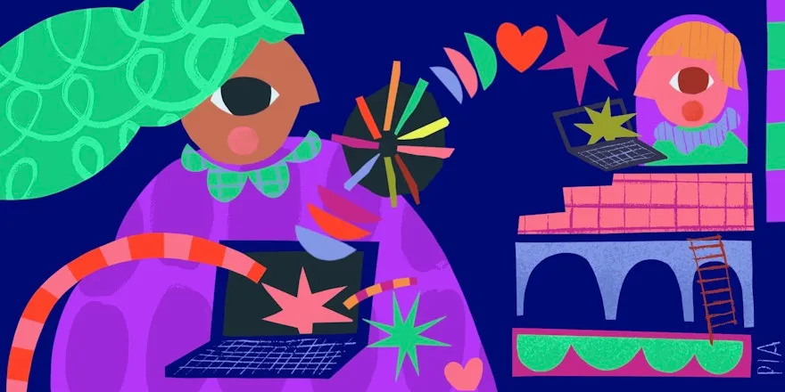Abstract illustration of a woman with a laptop and colourful shapes flying out