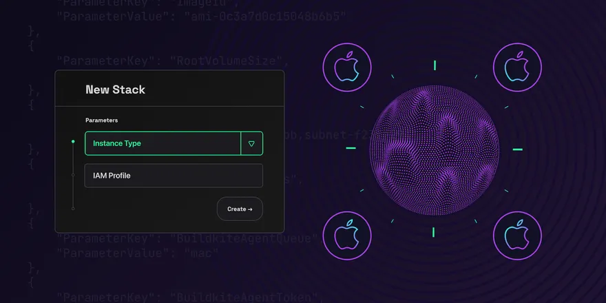 New Stack dialog next to an abstract illustration of a cluster of EC2 Mac machines