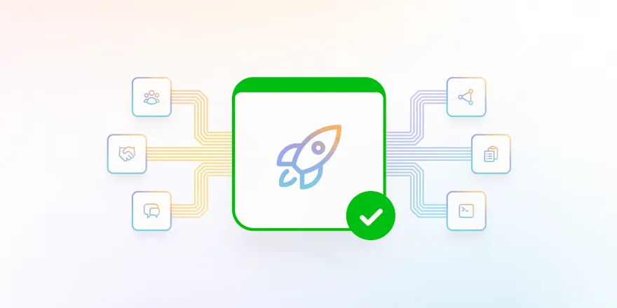 Set of elements including people, handshake, checklists, and code, all leading into an element with a rocket ship and a 'success' check mark.