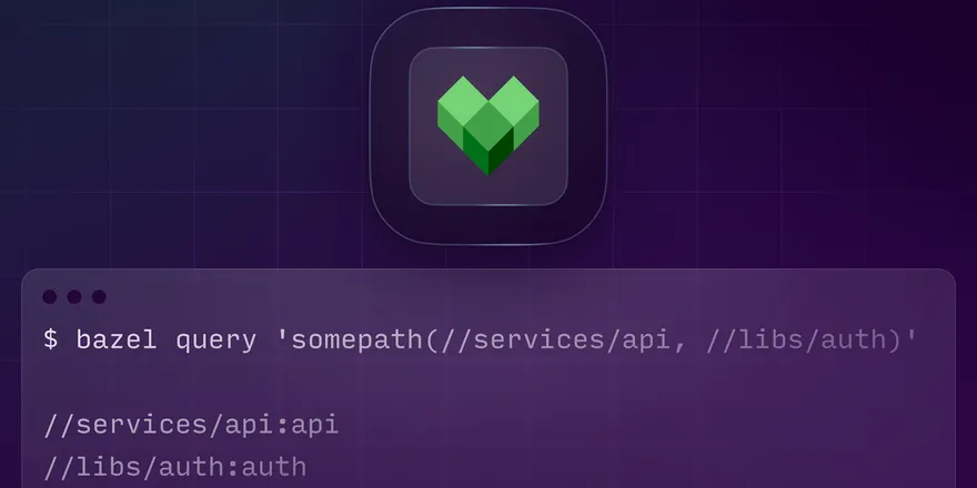 The Bazel logo and a terminal window showing a Bazel query command.