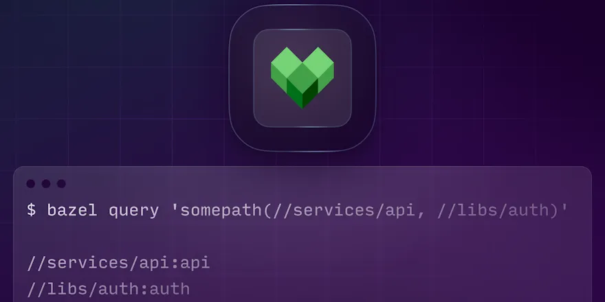 The Bazel logo and a terminal window showing a Bazel query command.