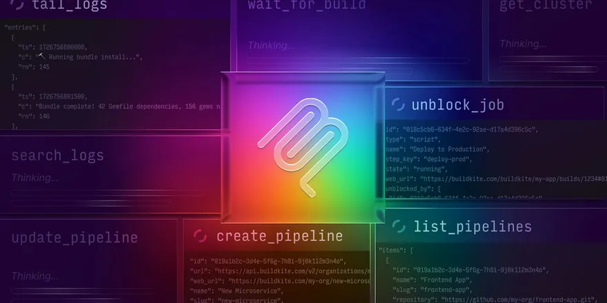 A stylized image with the Model Context Protocol (MCP) logo at the center, surrounded by the names of several tools that belong to the Buildkite MCP server
