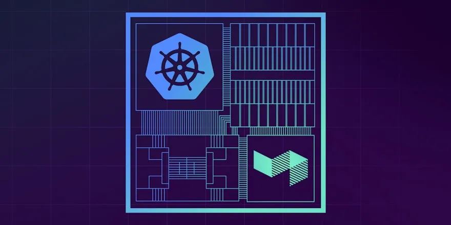 A stylized image showin the Kubernetes and Buildkite logos in an integrated motherboard-like diagram.